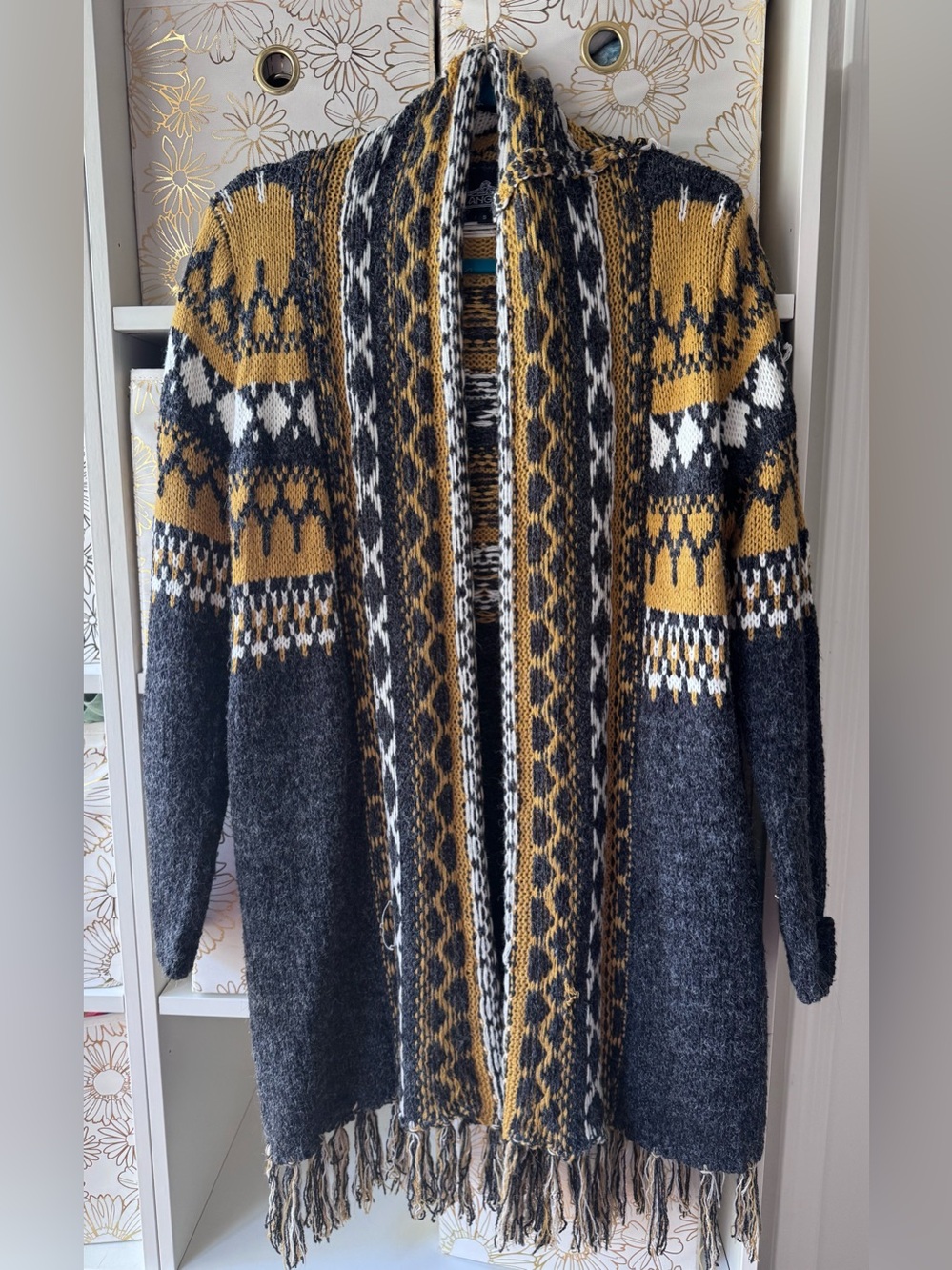 Angie Fair Isle Cardigan Sweater in Mustard, Charcoal & White with fringe